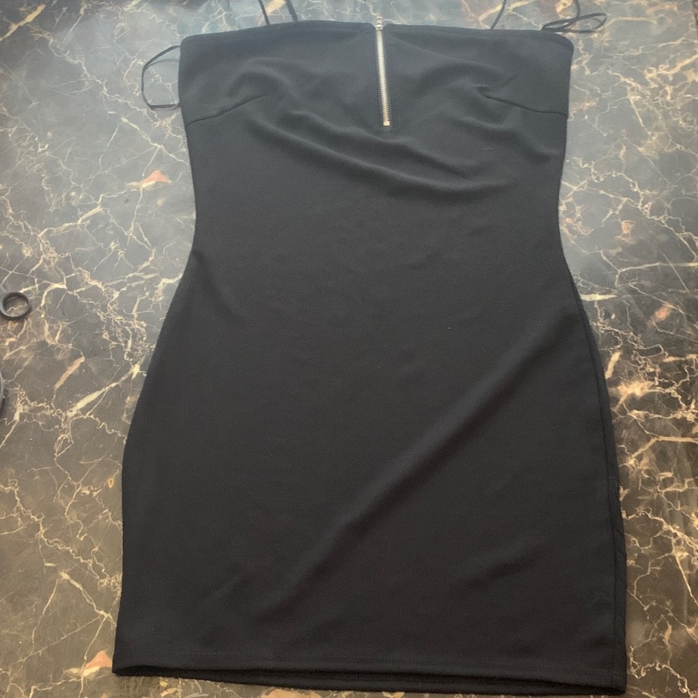 Bear Dance Black Strapless Dress with Zipper Detail